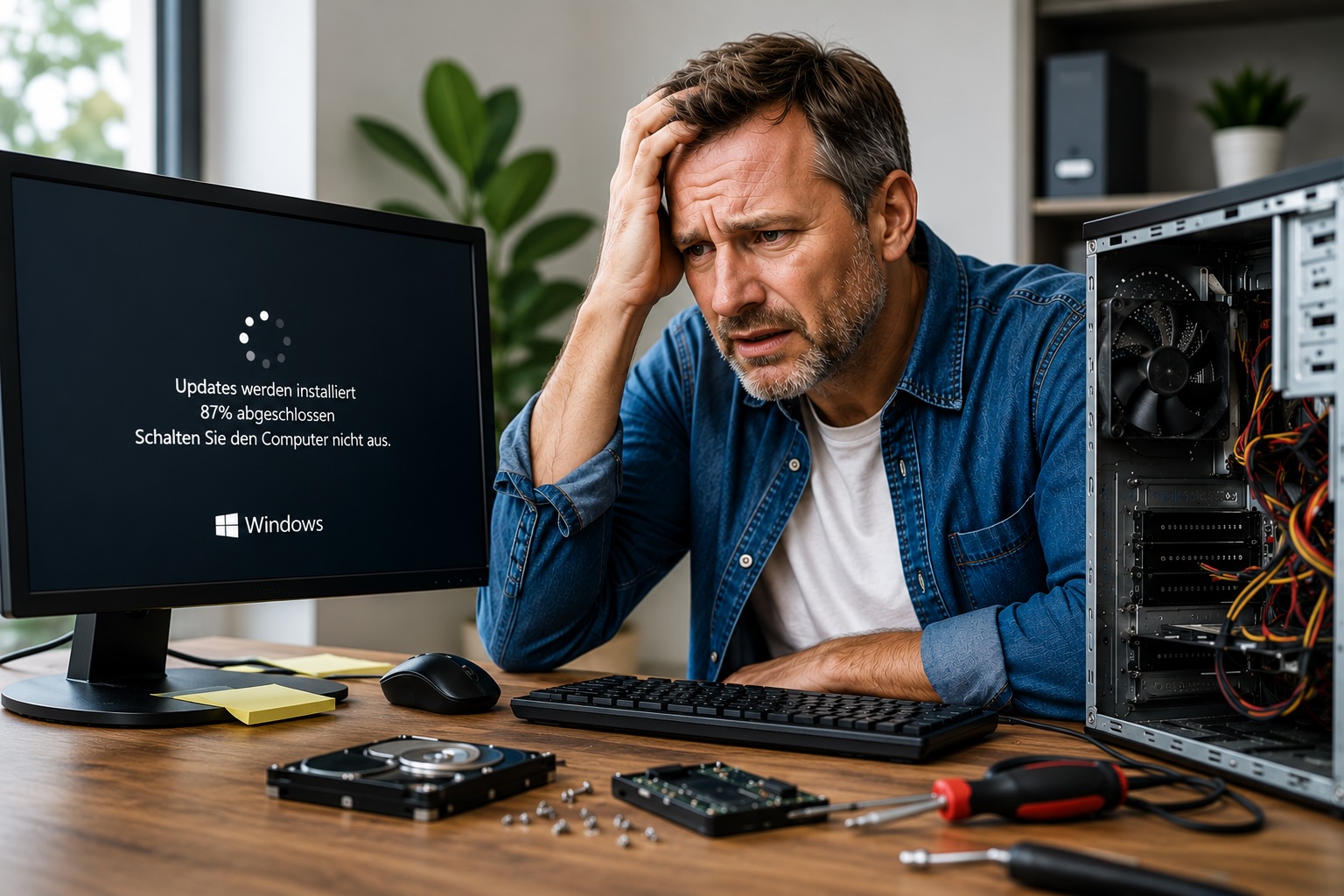 Windows-Update hängt – frustrierter Nutzer vor langsamem PC vor der Reparatur